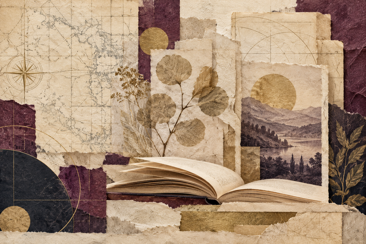 A non-biographical archival collage in cream, ink, plum, and gold; no portrait is represented.